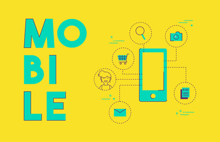 Mobile internet concept illustration in modern line art style, phone connected to online social media network activities.のイラスト素材