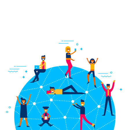 People connected to social media network around the world, worldwide internet access concept illustration in modern flat art style.のイラスト素材