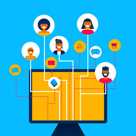 Computer connected on social media network with people group and online internet activities. Includes mail message, photo, gps icon.のイラスト素材