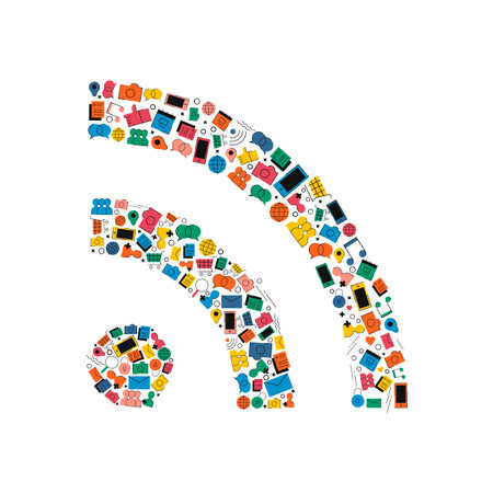 Social media wifi concept illustration in modern flat color style. Wireless signal shape made of...