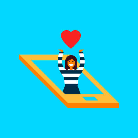 Social media network love concept illustration in modern flat style. Girl inside mobile phone with heart or like symbol.のイラスト素材
