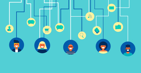 Social network concept illustration, group of multicultural people connected online to internet...