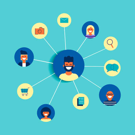 Social network connection concept illustration. Team of diverse people online doing internet activity connected to each other.のイラスト素材