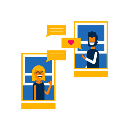 Social media communication concept illustration in modern flat art style. Boy and girl having online...