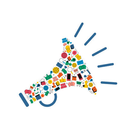 Megaphone made of colorful flat style social media icons. Internet communication sign concept illustration includes music, photo, GPS, chat, mail symbols.のイラスト素材