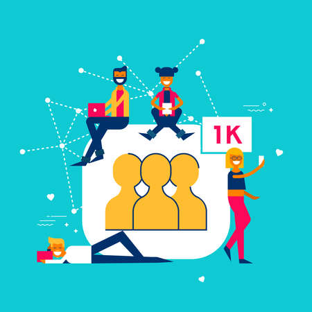 Social media followers concept illustration in modern flat art style. Young people group celebrating 1000 fans on internet network.のイラスト素材