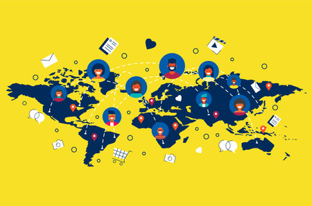 Social network world connection concept illustration. Team of diverse people online doing internet...