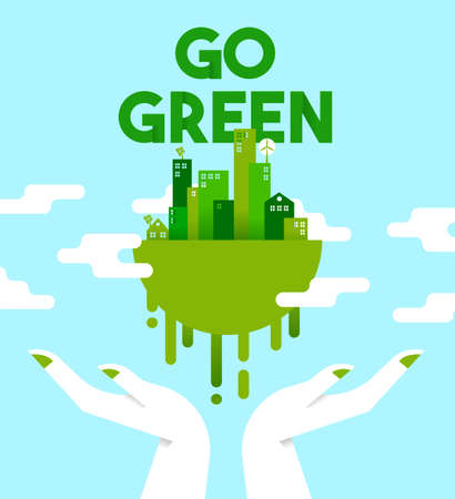 Go green concept illustration, human hands holding planet earth with houses and towers in flat art style for environmental care. EPS10 vector.のイラスト素材