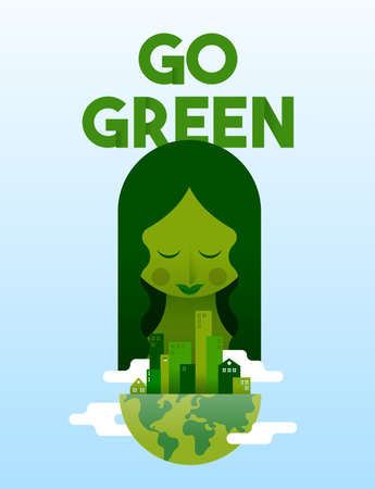 Green city in modern flat art style with girl and typography text for eco friendly ecology concept illustration. EPS10 vector.のイラスト素材