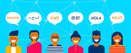 Diverse group of people talking in different languages. Multi cultural team concept illustration ideal for web banner. EPS10 vector.のイラスト素材