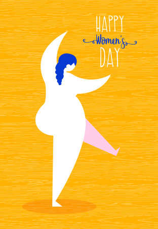 Happy Women's Day greeting card illustration, cute curvy girl dancing in modern flat art style. Cheerful woman celebrating holiday event. EPS10 vector.のイラスト素材