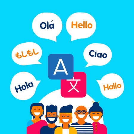 Diverse ethnic group of friends talking in different languages on translation service app. Modern flat art style concept illustration. EPS10 vector.のイラスト素材