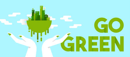 Go green concept illustration, human hands holding planet earth with houses and towers in flat art style for environmental care. Horizontal format ideal as web banner or header. EPS10 vector.のイラスト素材