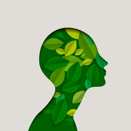 Girl face profile silhouette in paper cutout style with green leaves. Concept eco friendly illustration for organic skincare or environment support. EPS10 vector.のイラスト素材