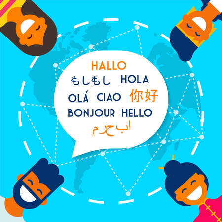 Diverse ethnic group of friends talking in different languages on translation service app. Modern flat art style concept illustration. EPS10 vector.のイラスト素材