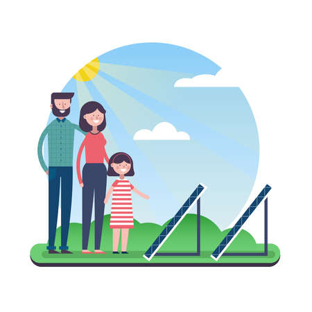 Happy family concept illustration for environment conservation. Mom and dad teach daughter about renewable energy with solar panels. EPS10 vector.のイラスト素材