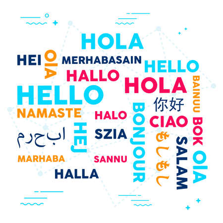 Language translation concept typography illustration. Different ways to say hello in multi cultural languages. EPS10 vector.のイラスト素材