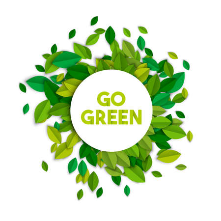 Go green text sign concept illustration with leaf pile in paper cut style. Ecology typography label for awareness and environment help. EPS10 vector.   のイラスト素材