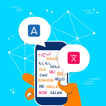 International translation communication concept illustration. Person hand using phone for translating app service. EPS10 vector.のイラスト素材