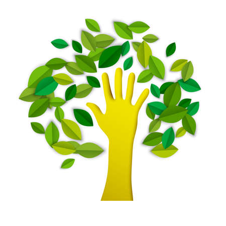 Human hand tree concept illustration in paper cut style. Cutout arm shape with green leaves for environment community support. EPS10 vector.のイラスト素材