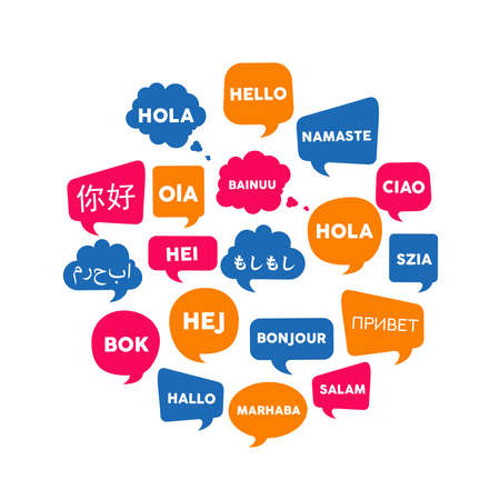 Chat bubbles with the word hello in different foreign languages, concept illustration for translation idea or international communication. EPS10 vector.のイラスト素材