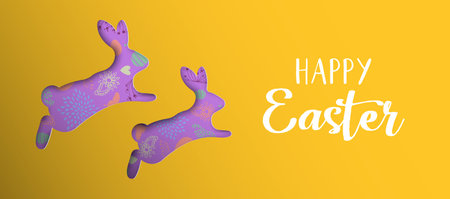 Happy Easter holiday illustration. Paper cut rabbit silhouette cutout with hand drawn eggs and...