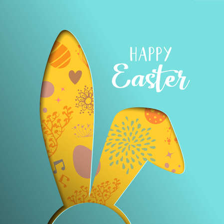 Happy Easter greeting illustration. Paper cut bunny ears cutout with colorful hand drawn holiday eggs and spring flower doodles.のイラスト素材