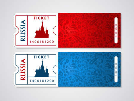Russian plane tickets with traditional moscow landmark and culture icons. Air travel stamp for Russia tourism.のイラスト素材