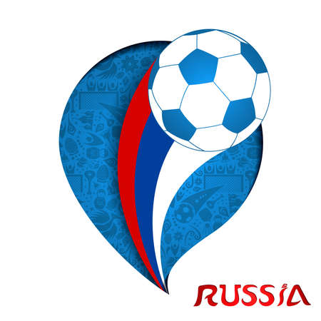 Russia illustration, paper cut style design. Football background with game ball in russian country flag colors.のイラスト素材