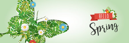 Hello Spring paper art cutout illustration for seasonal celebration. Butterfly web banner with green leaves and flowers. EPS10 vector.のイラスト素材