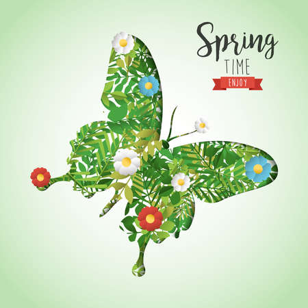 Spring time paper art cutout illustration for seasonal celebration. Butterfly greeting card with green leaves and flowers. EPS10 vector.のイラスト素材