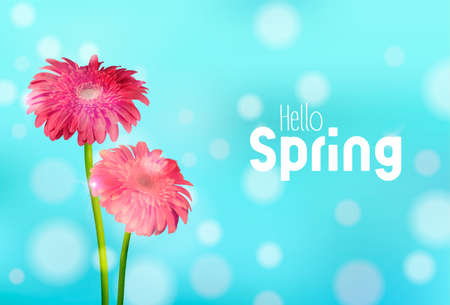 Hello Spring greeting card illustration with pink daisy flowers and blue sky background.のイラスト素材