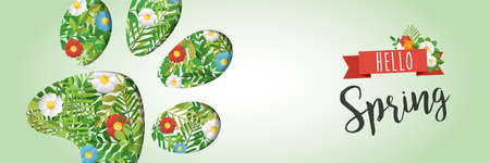 Hello Spring paper art cutout illustration for seasonal celebration. Animal foot print web banner with green leaves and flowers. EPS10 vector.のイラスト素材