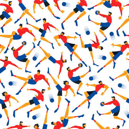 Soccer player seamless pattern with men playing sports in athletic poses. Sport game illustration background of football team, flat style art.のイラスト素材