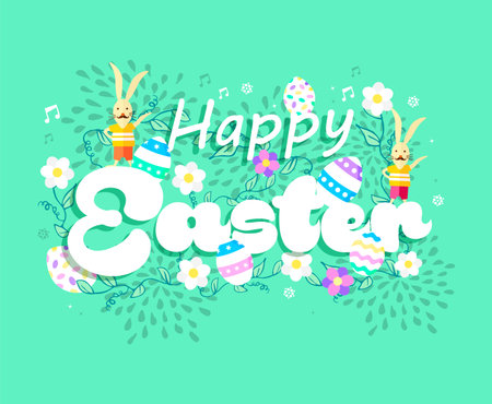 Happy Easter spring decoration illustration for holiday celebration event. Seasonal typography quote with flowers, rabbit and eggs. EPS10 vector.のイラスト素材