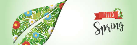 Hello Spring paper art cutout illustration for seasonal celebration. Leaf web banner with green leaves and flowers.のイラスト素材