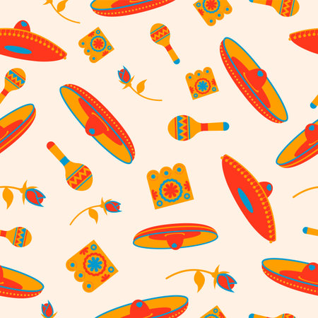 Mexican seamless pattern with colorful icons of mexico culture ideal for holiday or special event....
