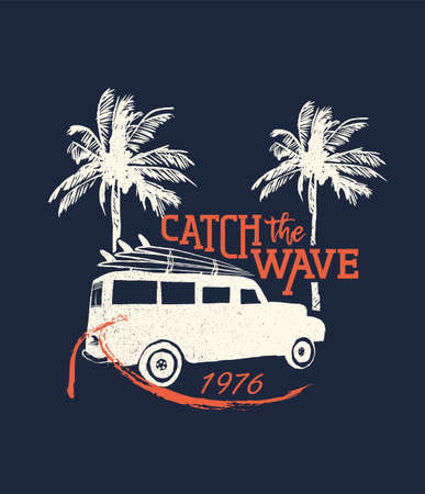 Catch the wave typography quote with tropical surf vacation illustration. Includes summer palm trees, beach van and surfboards. Ideal for textile print, poster or card. EPS10 vector.のイラスト素材