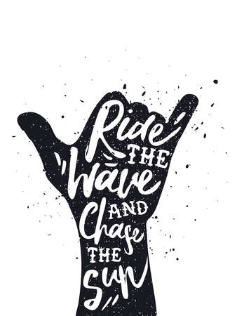 Shaka hand sign surfer poster art for summer surfing season with happy typography quote message and grunge text lettering. EPS10 vector.のイラスト素材