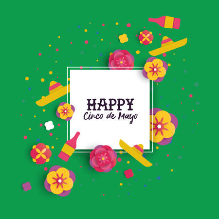Happy Cinco de mayo greeting card text frame in 3d paper cut style. Flower and mexican mariachi decoration for holiday event. EPS10 vector.のイラスト素材
