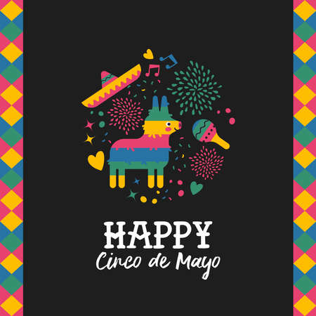 Happy Cinco de Mayo greeting card for traditional mexican holiday with cute donkey pinata and hand drawn elements. Festive mexico culture illustration. EPS10 vector.のイラスト素材