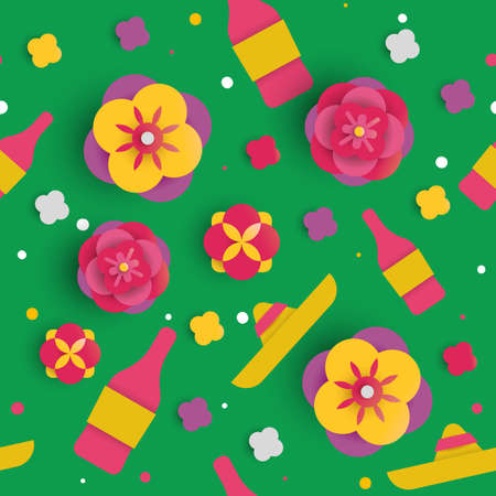 Cinco de Mayo seamless pattern for mexican holiday event. 3d background made of paper cut flowers, mariachi hat and party drinks. EPS10 vector.のイラスト素材