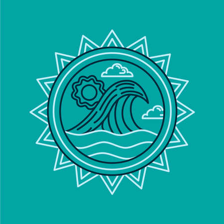 Summer beach vacation icon in modern flat line art style with ocean waves and abstract frame decoration. EPS10 vector.のイラスト素材