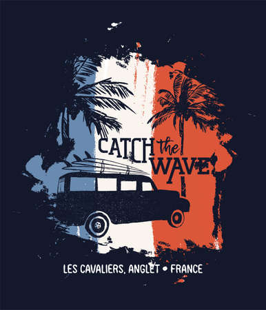 Summer vacation in Les Cavaliers, France. Holiday illustration with text quote, car and surf boards on tropical beach. Vintage texture design for textile print, card or poster. EPS10 vector.のイラスト素材