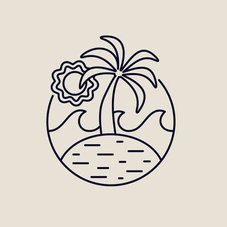 Tropical island line art icon in modern flat style. Summer beach illustration with palm trees, ocean waves and sun. EPS10 vector.  のイラスト素材