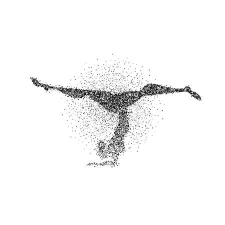 Girl yoga pose silhouette made of black particle splash on isolated background. Abstract woman shape in motion. EPS10 vector.のイラスト素材