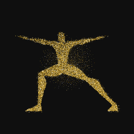 Yoga pose silhouette made of gold glitter dust on black background. Golden color man doing meditation exercise. EPS10 vector.のイラスト素材