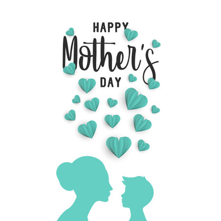 Happy mothers day holiday greeting card illustration of mom with little boy and 3d paper cut heart shapes for special family event. EPS10 vector.のイラスト素材