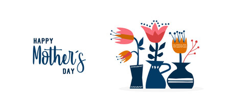 Happy mothers day web banner illustration of cute spring flower plants in hand drawn style. EPS10 vector.のイラスト素材