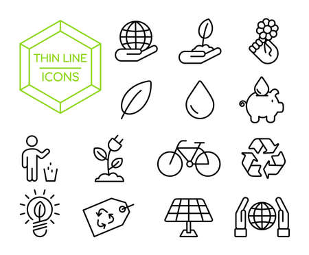 Green eco friendly thin line icon set, environment conservation symbol collection in modern outline style.のイラスト素材